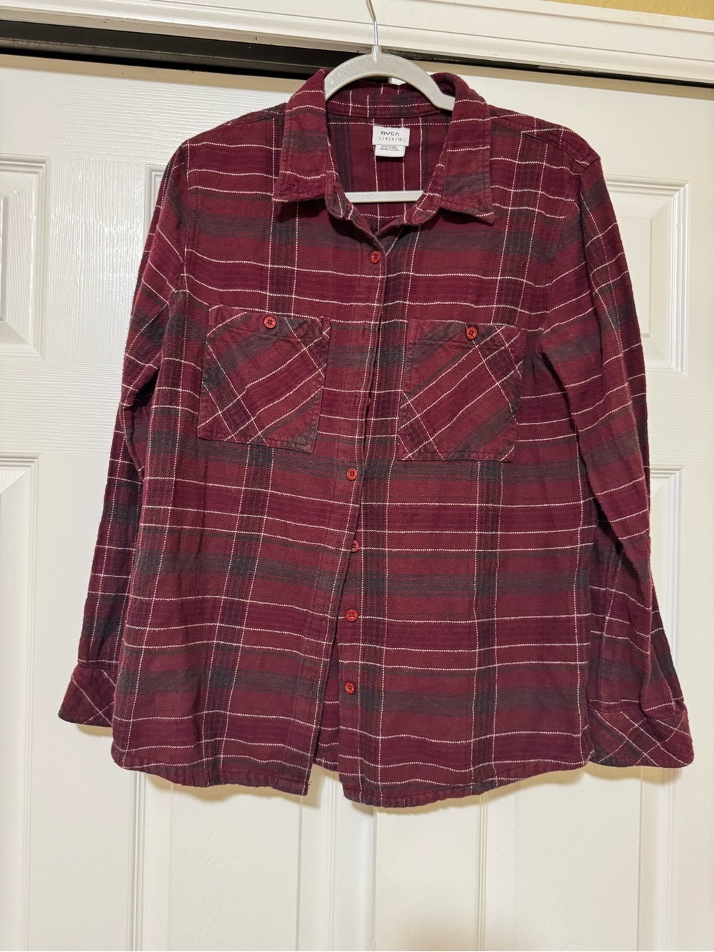 RVCA Maroon Plaid Button-Down Shirt - women’s Casual Long Sleeve